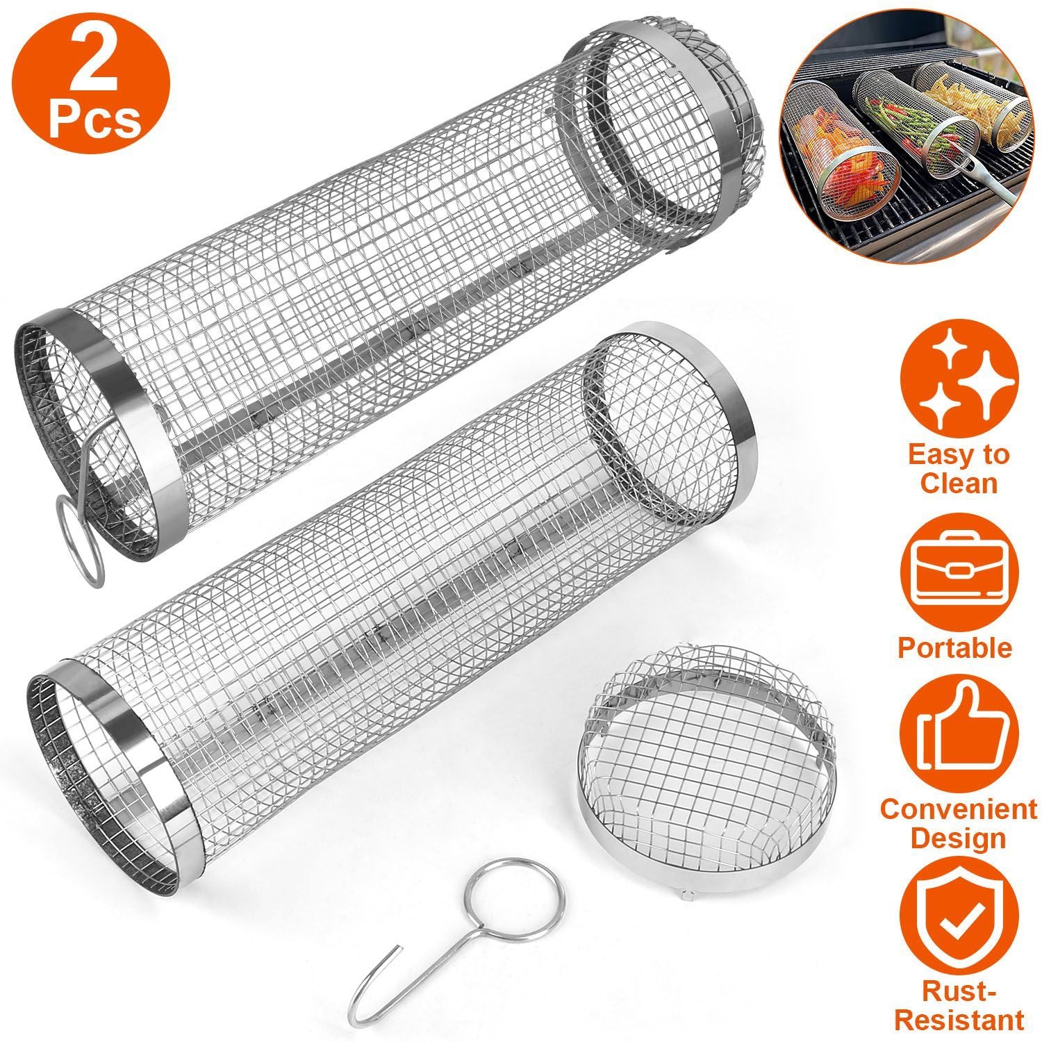 2Pcs 3.42x11.61Inch Portable BBQ Rolling Basket Round Stainless Steel Grill Mesh Barbecue Net Tube With Removable Cover Outdoor Camping