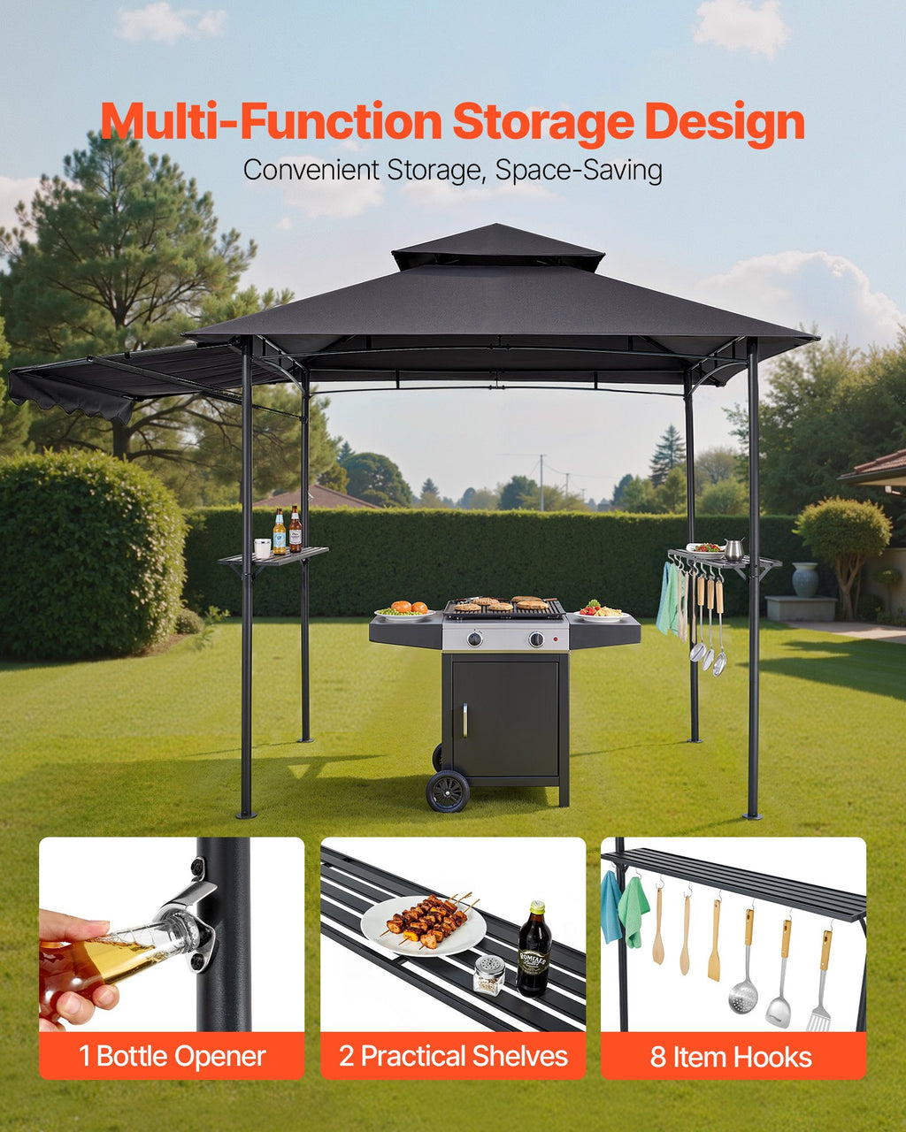 8'x5' BBQ Grill Gazebo Canopy Shelter Tent With Shelf & Awning Double-Tiered Top