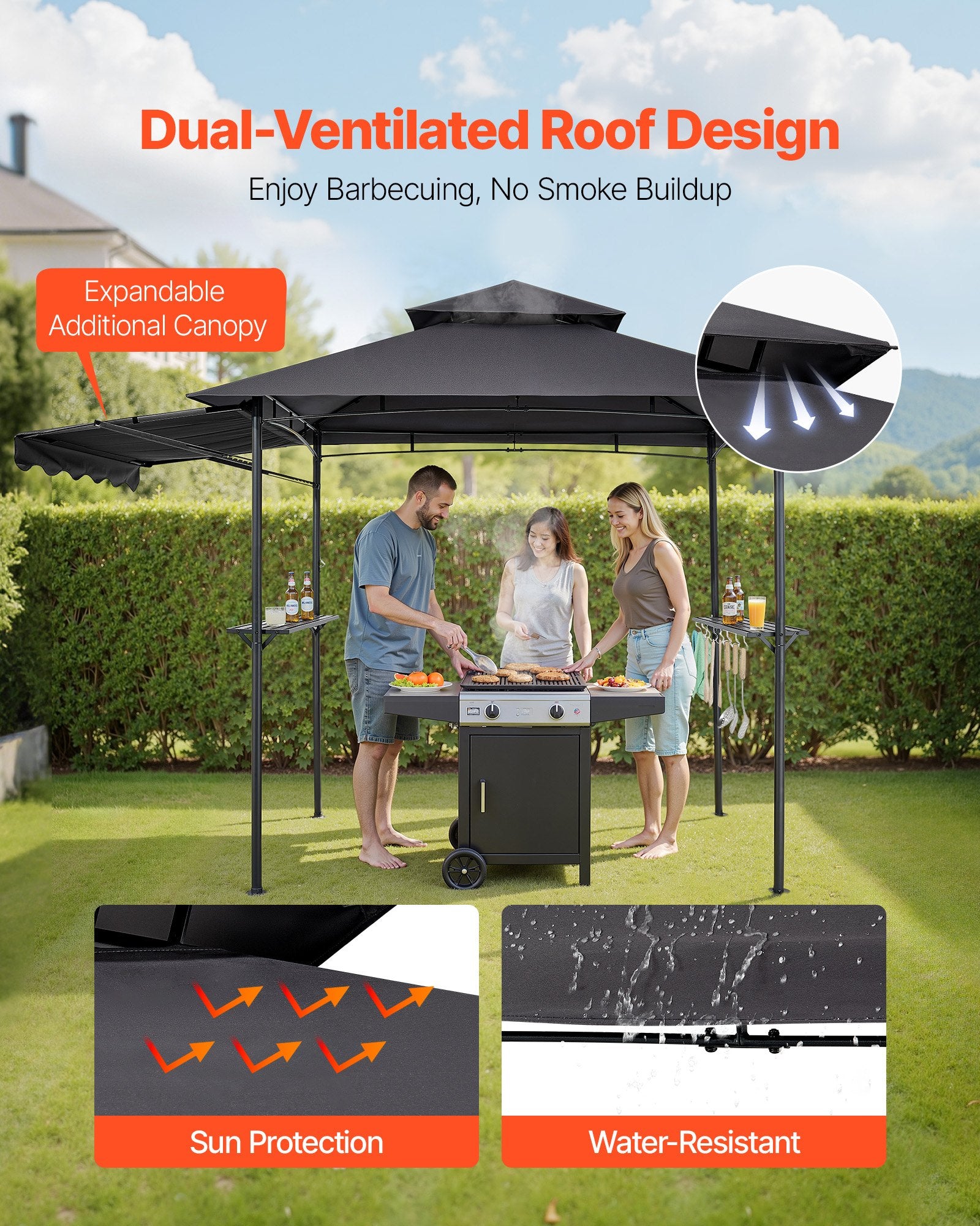 8'x5' BBQ Grill Gazebo Canopy Shelter Tent With Shelf & Awning Double-Tiered Top