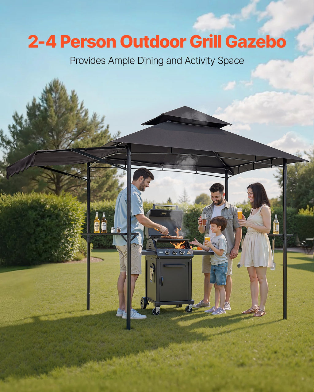 8'x5' BBQ Grill Gazebo Canopy Shelter Tent With Shelf & Awning Double-Tiered Top
