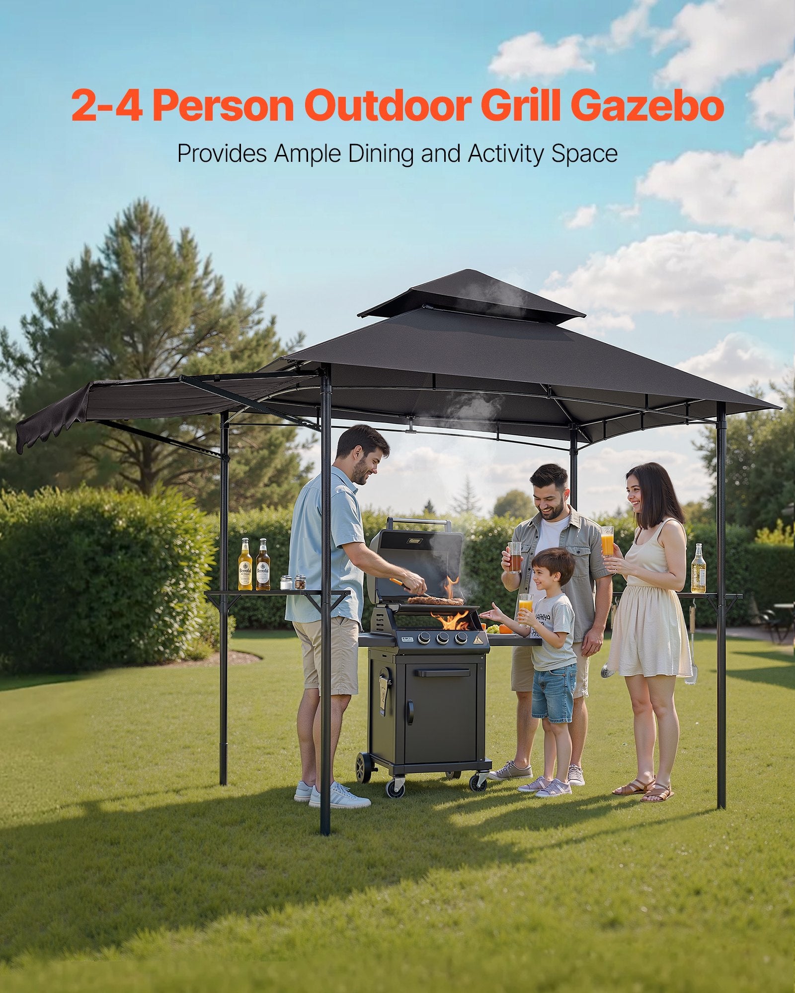 8'x5' BBQ Grill Gazebo Canopy Shelter Tent With Shelf & Awning Double-Tiered Top