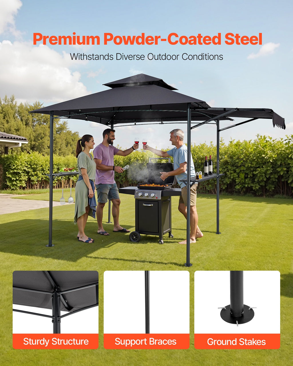 8'x5' BBQ Grill Gazebo Canopy Shelter Tent With Shelf & Awning Double-Tiered Top