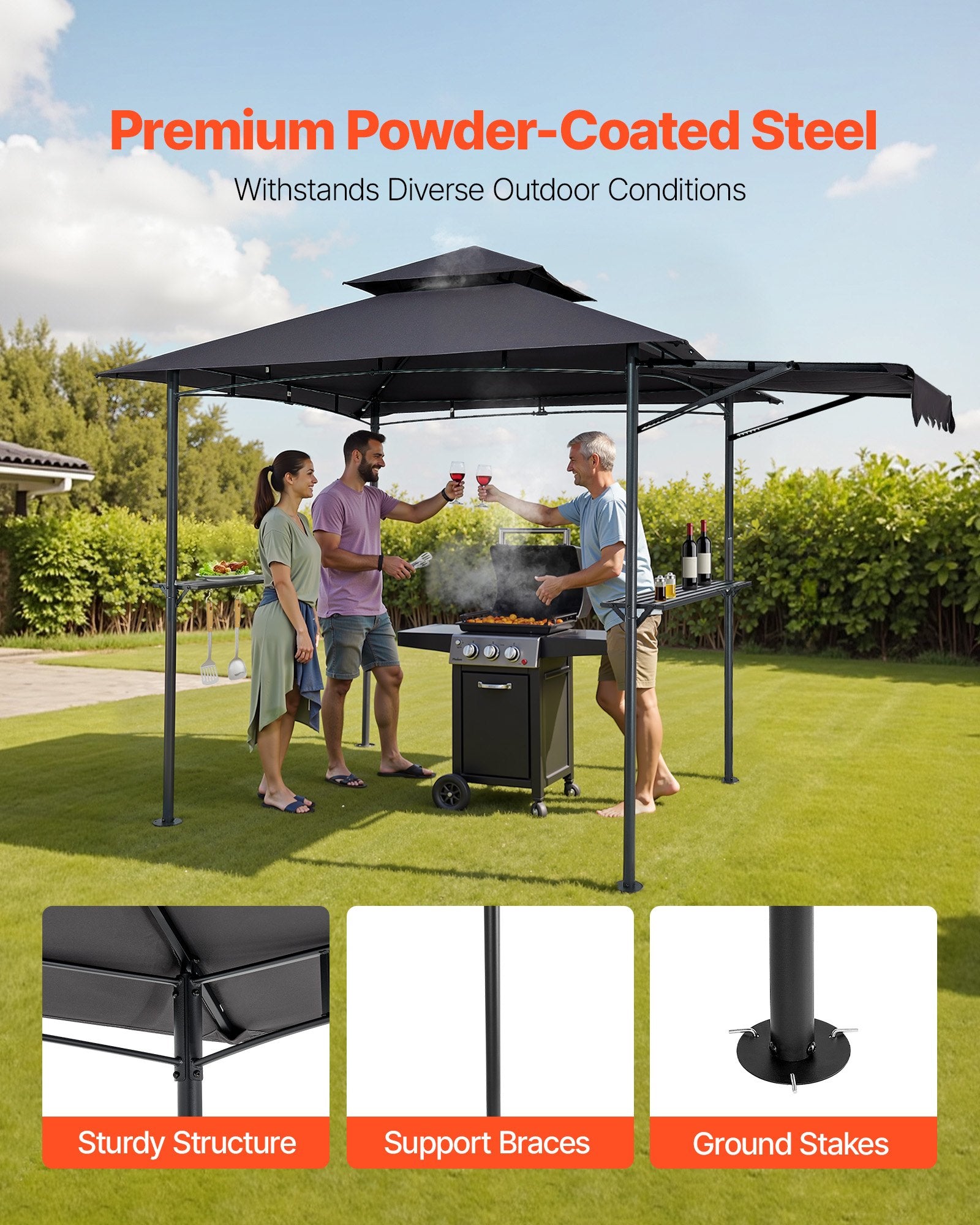 8'x5' BBQ Grill Gazebo Canopy Shelter Tent With Shelf & Awning Double-Tiered Top
