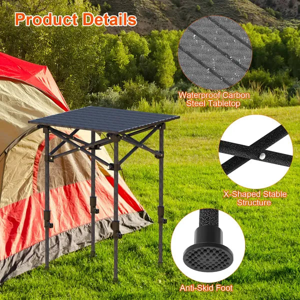 Portable Folding Camping Table With Adjustable Height Rustproof Carbon Steel Foldable Roll-Up Camping Table For Picnic Camping Hiking Beach BBQ