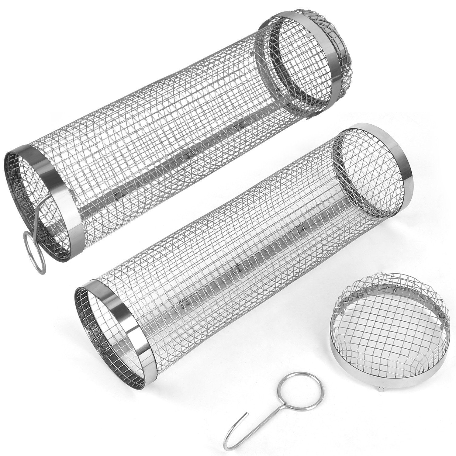 2Pcs 3.42x11.61Inch Portable BBQ Rolling Basket Round Stainless Steel Grill Mesh Barbecue Net Tube With Removable Cover Outdoor Camping